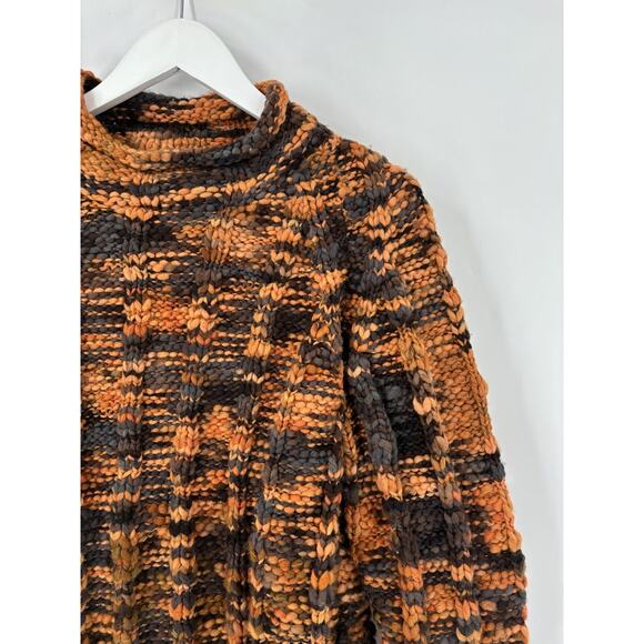Handmade Sweater Womens Small Orange Black Chunky Knit Pullover Mock Neckline - Picture 8 of 16